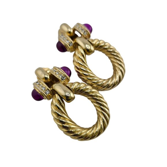 Vintage 80s 2-Tone Purple Mogul Rhinestone Twisted Gold-Plated Hoop Earrings - Picture 3 of 8